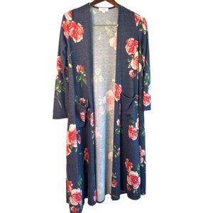 LulaRoe Women’s Navy and Pink Floral Open Cardigan Size Small